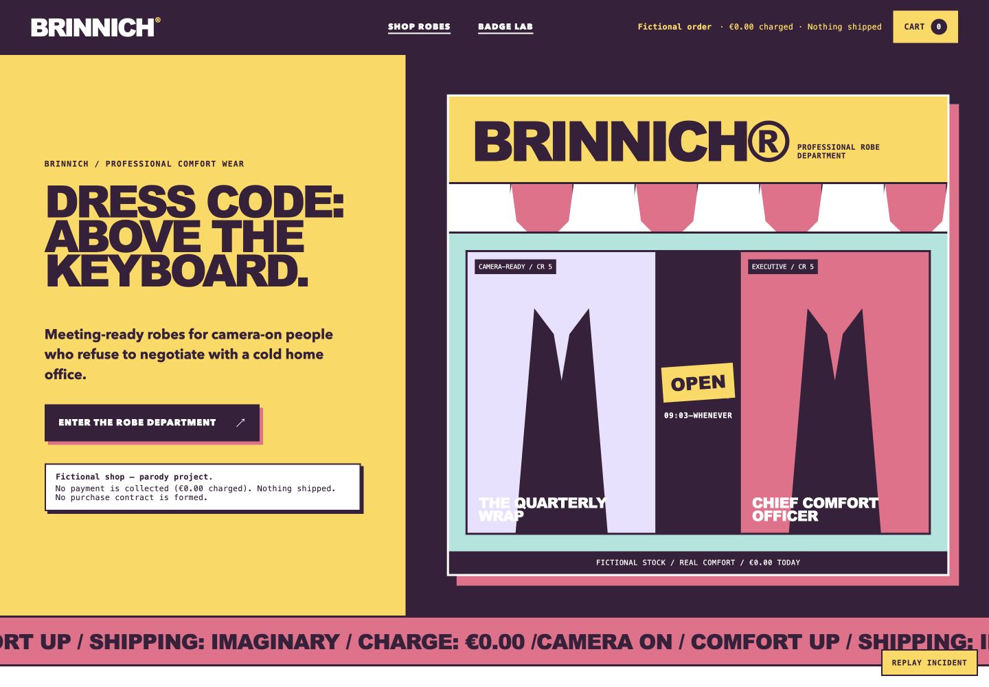 The Brinnich parody shop: yellow headline panel and an illustrated robe department in purple, pink and mint.